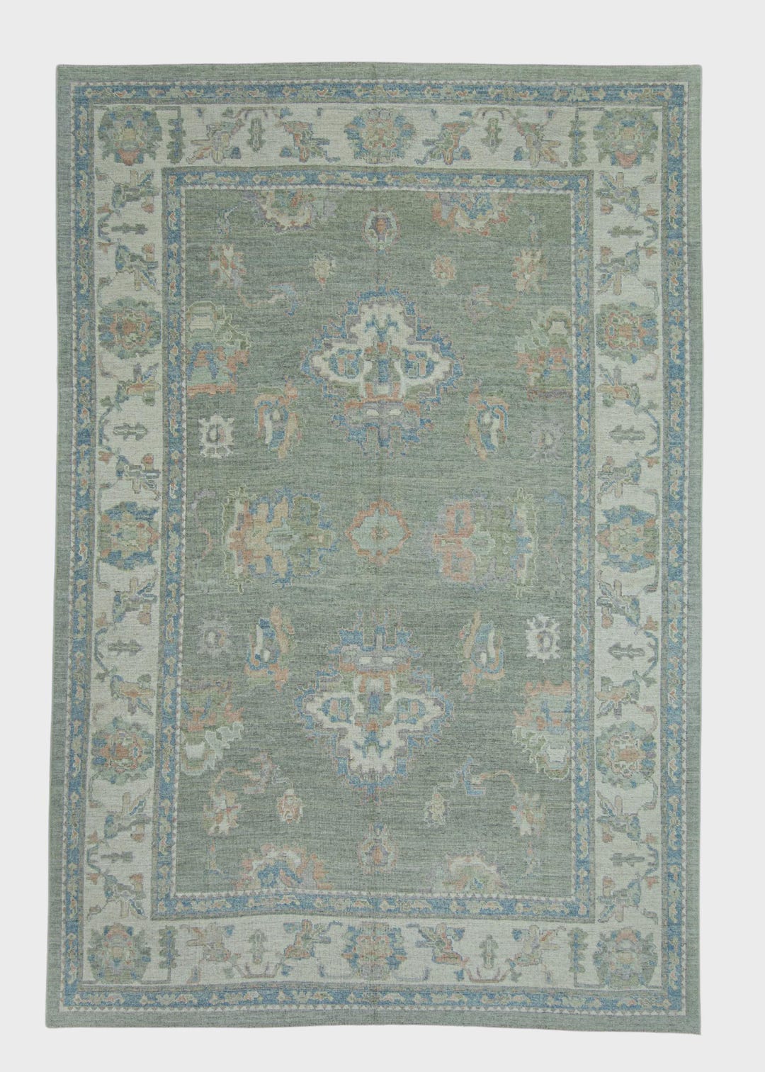 Turkish Oushak Rug – 10x14 Handwoven Wool Rug in Green & Beige Design ...