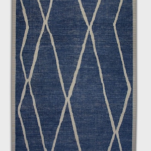 Turkish Tulu Rug – 10x14 Handwoven Wool Rug in Blue & Cream Geometric Design
