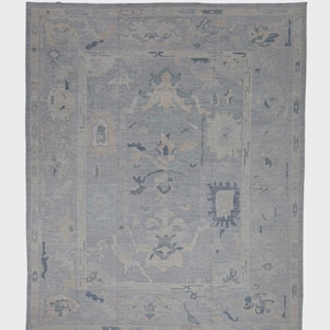 Turkish Oushak Rug – 12x15 Handwoven Rug in Blue & Beige Design