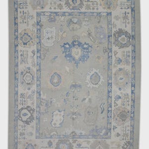 Turkish Oushak Rug – 9x12 Handwoven Wool Rug in Gray & Blue Design