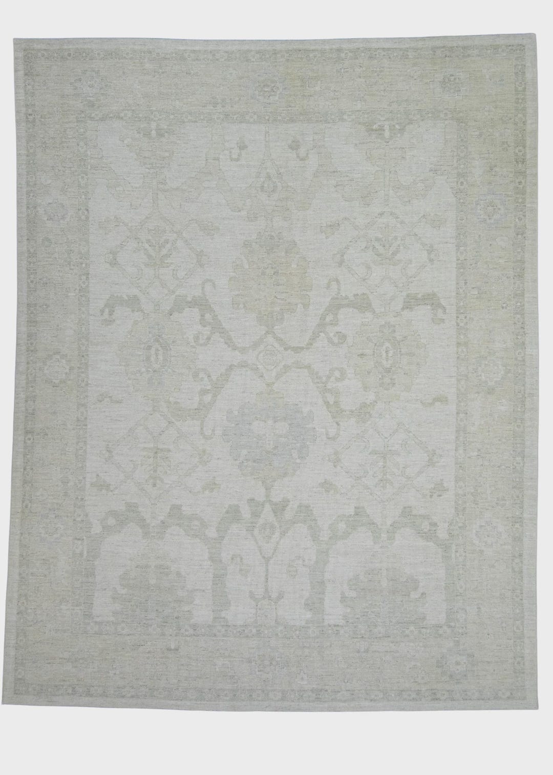 Turkish Oushak Rug – 12x16 Handwoven Wool Rug in Beige & Green Design ...