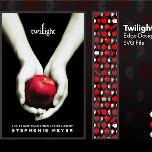 Puede incluir: Diseño de portada del libro "Twilight" con una manzana roja sostenida en dos manos sobre un fondo negro. El título "twilight" está en blanco, con el nombre del autor, Stephenie Meyer, debajo. Un panel lateral muestra un diseño de borde de manzana.