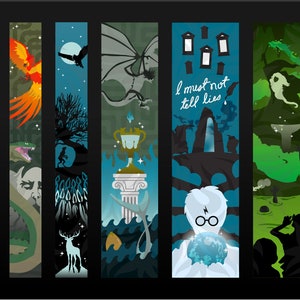 Puede incluir: Colección de archivos SVG con temática de Harry Potter para diseño de bordes. Los diseños presentan imágenes icónicas como un fénix, un dragón y la frase «I must not tell lies». La paleta de colores incluye tonos de azul, verde y naranja.