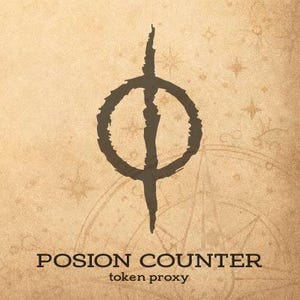 May include: A brown token proxy with a dark brown symbol in the center. The symbol is a vertical line through a circle, with a line extending above and below. The text "POSION COUNTER" and "token proxy" are at the bottom.
