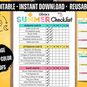 Summer Checklist, Editable Summer Daily Checklist for Kids, Printable Chore Chart for Kids, Summer Rules, Summer Routine, Instant Download