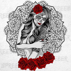 Sugar Skull meisje met rozen SVG-clipart, dag van de doden svg, Mexicaanse schedel svg, Bright Sugar Skull SVG, Candy Skull svg, Cinco de Mayo svg