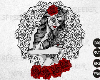 Sockerskalleflicka med rosor SVG clipart, De dödas dag svg, mexikansk skalle svg, ljus sockerskalle SVG, godisskalle svg, Cinco de mayo svg