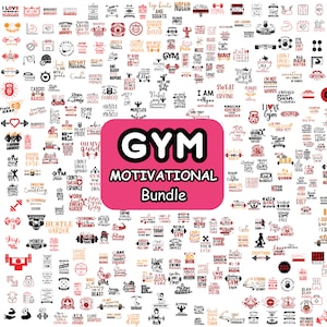 May include: A large collection of black and red motivational quotes for the gym. The quotes are arranged in a grid pattern on a white background. The words "GYM MOTIVATIONAL Bundle" are in a pink box at the center of the image.