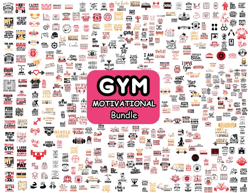May include: A large collection of black and red motivational quotes for the gym. The quotes are arranged in a grid pattern on a white background. The words "GYM MOTIVATIONAL Bundle" are in a pink box at the center of the image.
