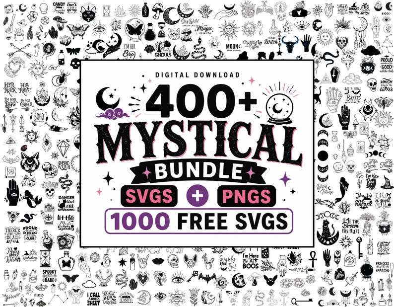 Mystisches SVG- und PNG-Bundle, Boho-Himmels-SVG-Bundle, Spirituelle Frau mit mystischem Mond (SVG), Hexen-SVG, Magie-SVG, Mystische Katze (SVG), Hexerei-SVG Bild 1