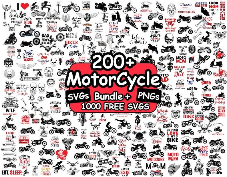 K&ouml;nnte beinhalten: Eine Sammlung von &uuml;ber 200 Motorrad-SVG- und PNG-Designs. Die Designs zeigen verschiedene Motorrad-Spr&uuml;che, darunter "Das Leben ist besser auf zwei R&auml;dern", "Fahre frei" und "Geboren zum Fahren".