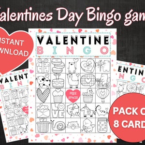 Bingospel Valentijnsdag voor kinderen en volwassenen, afdrukbare spellen voor Valentijnsdag, familieactiviteit Valentijnsdag, klassikaal Valentijnspakket van 8