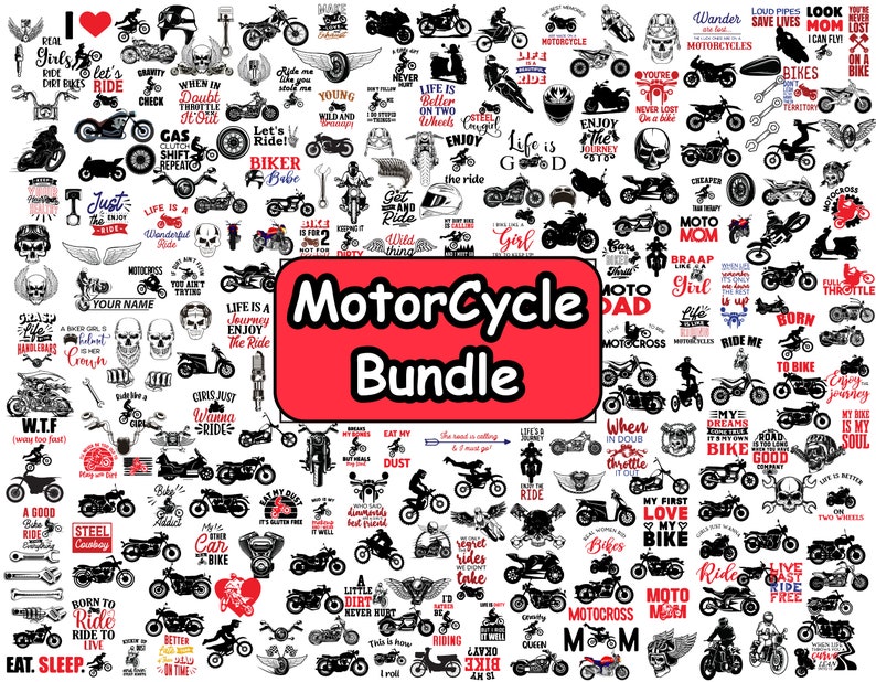 K&ouml;nnte beinhalten: Eine Sammlung von 100 Motorrad-SVG-Schnittdateien. Die Designs zeigen verschiedene Motorrad-bezogene S&auml;tze, wie "Born to Ride", "Life is a Journey" und "Ride Free".