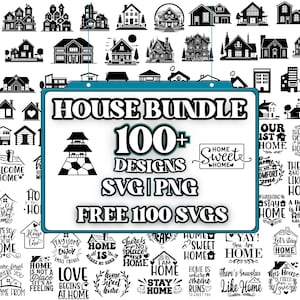 Puede incluir: Un paquete de arte digital con más de 100 diseños de casas en formatos SVG y PNG. La imagen muestra varias siluetas de casas y citas con temas de hogar, perfectas para proyectos de manualidades. El texto "House Bundle" se muestra de forma destacada.
