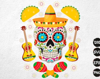 Ljus sockerskalle SVG, mexikansk Cinco de Mayo Clipart (digitala filer)