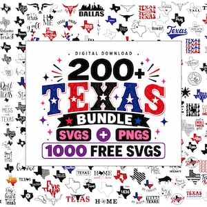 Könnte beinhalten: Ein digitales Download-Paket mit über 200 Texas-Motiven in SVG- und PNG-Formaten, inklusive 1000 kostenloser SVGs. Die zentrale Grafik zeigt den Text 200+ TEXAS BUNDLE, SVGS + PNGS und 1000 FREE SVGS, umgeben von zahlreichen kleinen Symbolen.