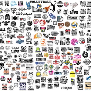 May include: A collection of black and white volleyball-themed SVG cut files. The designs include various phrases and images related to volleyball, such as "Volleyball Mom", "Volleyball Life", "Volleyball Coach", and "Volleyball Girl".