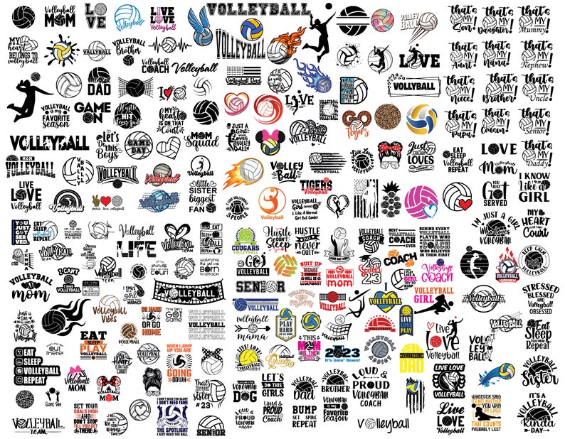 May include: A collection of black and white volleyball-themed SVG cut files. The designs include various phrases and images related to volleyball, such as "Volleyball Mom", "Volleyball Life", "Volleyball Coach", and "Volleyball Girl".