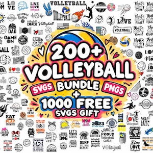 Könnte beinhalten: Eine digitale Sammlung von über 200 Volleyball-Grafikdateien im SVG- und PNG-Format, die verschiedene Volleyball-Illustrationen, Silhouetten und Textdesigns enthält, zentriert um eine große, bunte Volleyball-Grafik.