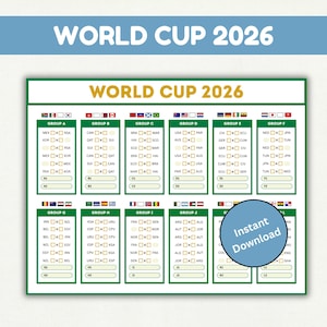 Puede incluir: Un cuadro de torneo de la Copa del Mundo 2026 con banderas de equipos y asignaciones de grupos. El cuadro es verde y blanco con el texto "World Cup 2026" en la parte superior. Un círculo azul con "Descarga instantánea" está en la parte inferior derecha.