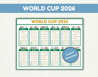 Calendario imprimible para la Copa Mundial 2026, con seguimiento de partidos y resultados, planificador de torneo editable y descarga digital.