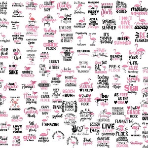 May include: A white background with a pink flamingo design and text. The text includes phrases like "I'm the flocking bride", "Stand tall and be fabulous", "Let's get flocked up", "Live love flamingos", and "2nd grade flock".