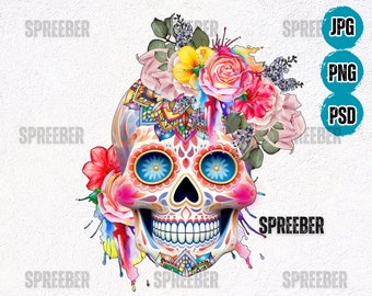 Calavera de azúcar colorida PNG Día de los muertos Descarga digital instantánea, archivo PNG digital para impresión por sublimación de silueta de Cricut Calavera con rosas