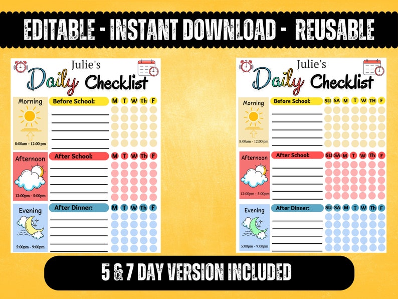 Kids Daily Checklist, Homeschool Planner, Editable Chore Chart ...