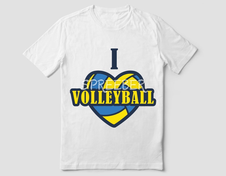 May include: White t-shirt with a blue and yellow heart design. The heart is a volleyball and the text "I love volleyball" is written on the shirt.