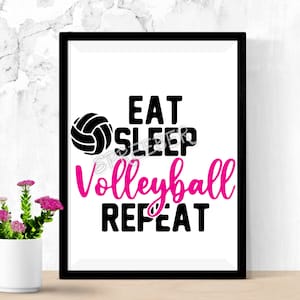 May include: Black and white framed print with the text "Eat Sleep Volleyball Repeat" in pink and a black volleyball graphic.