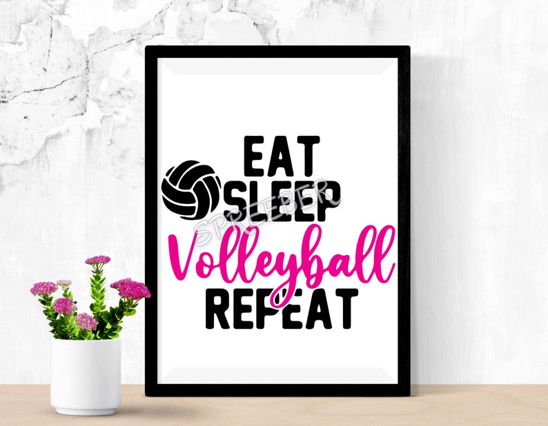 May include: Black and white framed print with the text "Eat Sleep Volleyball Repeat" in pink and a black volleyball graphic.