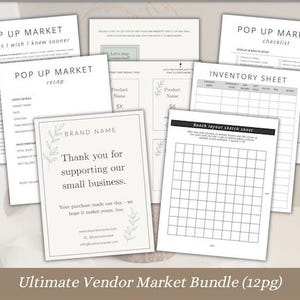 May include: A collection of white paper documents with black text, including checklists, inventory sheets, and market recaps. The documents are labeled "Pop Up Market" and "Inventory Sheet." One card reads "Thank you for supporting our small business."