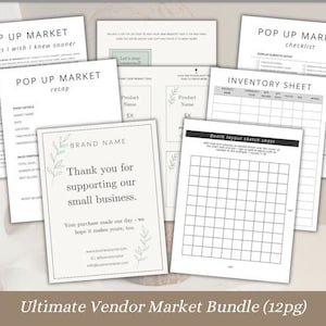 May include: A collection of white paper documents with black text, including checklists, inventory sheets, and market recaps. The documents are labeled "Pop Up Market" and "Inventory Sheet." One card reads "Thank you for supporting our small business."
