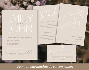 Simple Wedding Invitation Bundle, Minimalist Invitation Template Set, Modern Invite Suite, Neutral Wedding Invitations Elegant Online RSVP