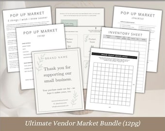 May include: A collection of white paper documents with black text, including checklists, inventory sheets, and market recaps. The documents are labeled "Pop Up Market" and "Inventory Sheet". A card reads "Thank you for supporting our small business."