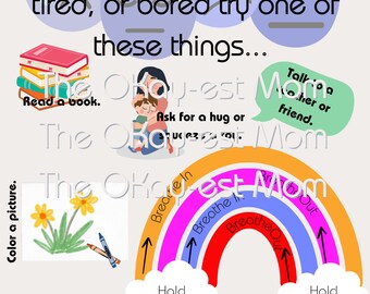 May include: A colorful illustration with a rainbow and clouds. The text "Breathe in" is written on the rainbow, and the text "Breathe out" is written on the clouds. The text "Hold" is written below the rainbow and clouds. The text "Trace with your finger" is written below the rainbow and clouds. The text "Are you closer to calm and ready?" is written below the rainbow and clouds. The text "Do you need to pick one more?" is written below the rainbow and clouds.