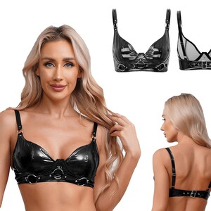 EXLATEX Women Black Latex Rubber Bra Top with Nipple Holes Cupless Triangle  Bra Underwear (Small, Full Cup) : : Clothing, Shoes & Accessories