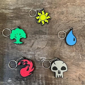 May include: Five keychains with different colored symbols. The symbols are a yellow sun, a green tree, a blue water drop, a red flame, and a gray skull.