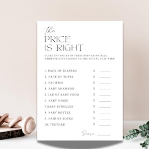 Jogo de chá de bebê The Price Is Right | Jogo de perguntas e respostas divertido para chá de bebê para impressão Adivinhe o jogo minimalista The Price para chás de bebê divertidos