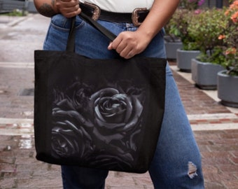 Black Roses - Extra Large Tote - Black Canvas Bag - Big Natural Fiber Tote