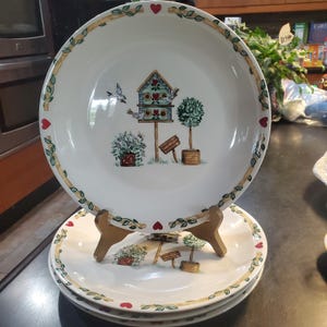 Set Of 4 Dinner Plates Birdhouse by Thomson Pottery 10" diameter