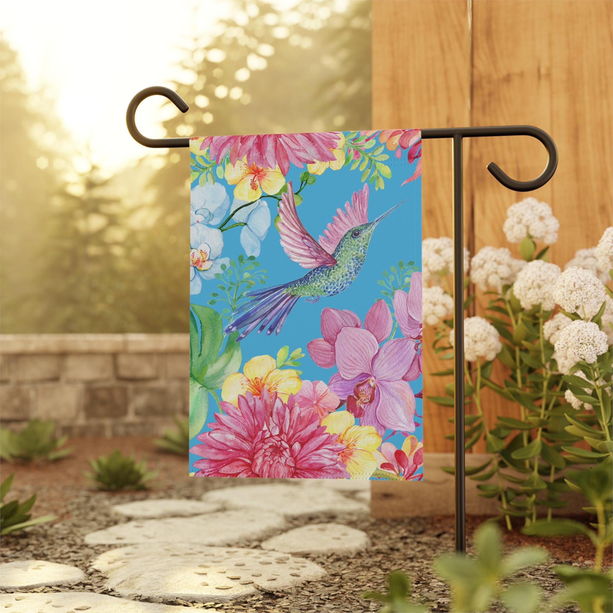 Gartenflagge "Frühlingsblumen & Kolibri" - 30,5x45,7 Cm, Doppelseitig, Jute, Für Draußen