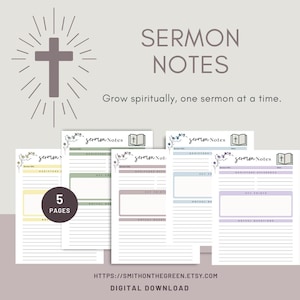 Könnte beinhalten: Digitaler Download von Predigtnotizen mit einem Kreuz und den Worten "SERMON NOTES". Die Notizen befinden sich auf fünf Seiten mit Platz für Schriftstellen, wichtige Punkte und Notizen. Der Text "Grow spiritually, one sermon at a time" ist ebenfalls enthalten.