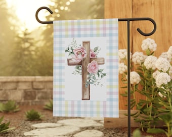 Floral Cross Garden Flag, Christian Easter Decor, Religious Garden Flag, Cross Home Decor, Faith Home Accents, Spring Garden Flag