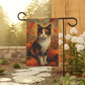 Flaga ogrodowa z dyniowym motywem kota kaliko, jesienna dekoracja domu, prezent dla miłośnika kotów, jesienne dekoracje dla kotów, prezenty dla kociej mamy, jesienne dekoracje domu