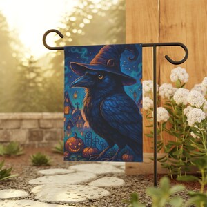 Halloween Crow Garden Flag, Halloween Witch Crow Flag, Fall Yard Decor, Gothic Outdoor Sign, Spooky Seasonal Flag