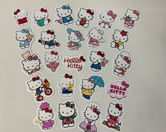 May include: A collection of Hello Kitty stickers featuring various poses and activities. The stickers are colorful and feature Hello Kitty in different outfits and settings. The stickers are perfect for adding a touch of cuteness to any project.