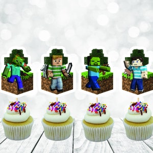 Gamer Boy Style MineC Cupcake Topper Decoration, Gamer Boy Style MineC Happy Birthday Party Decoration (package of 12)