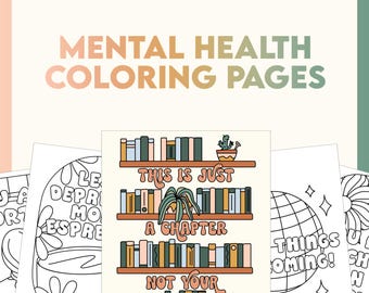 May include: A black and white coloring page featuring a bookshelf with books and plants. The text on the page reads "This is just a chapter, not your whole story."