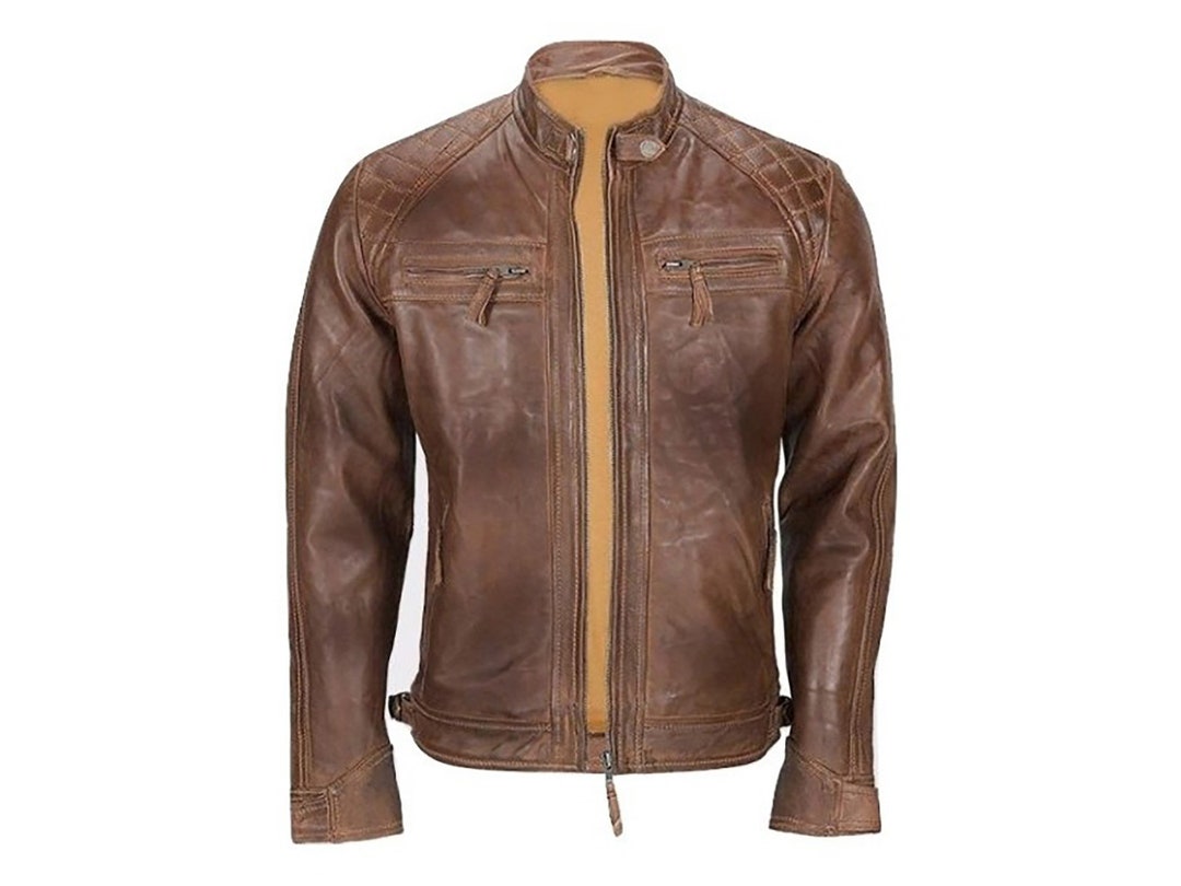 Brown Leather Jacket Men's Leather Jacket Cafe Racer - Etsy